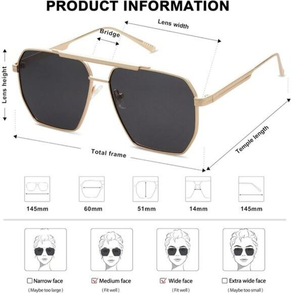 SOJOS Oversized Polarized Square Sunglasses Women Men Retro Aviator UV - Picture 5 of 7